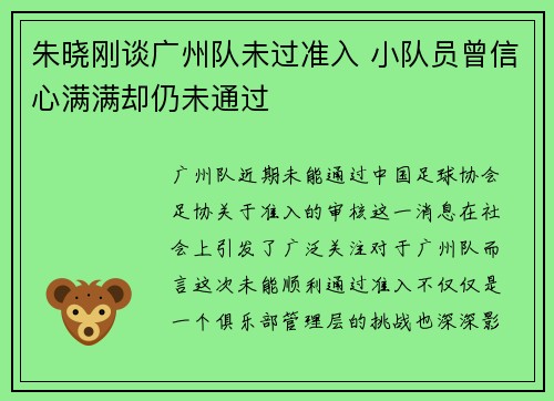 朱晓刚谈广州队未过准入 小队员曾信心满满却仍未通过