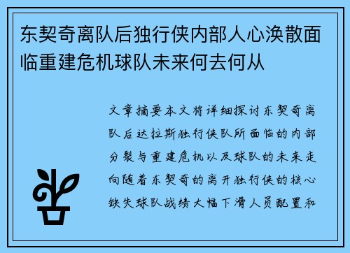 东契奇离队后独行侠内部人心涣散面临重建危机球队未来何去何从